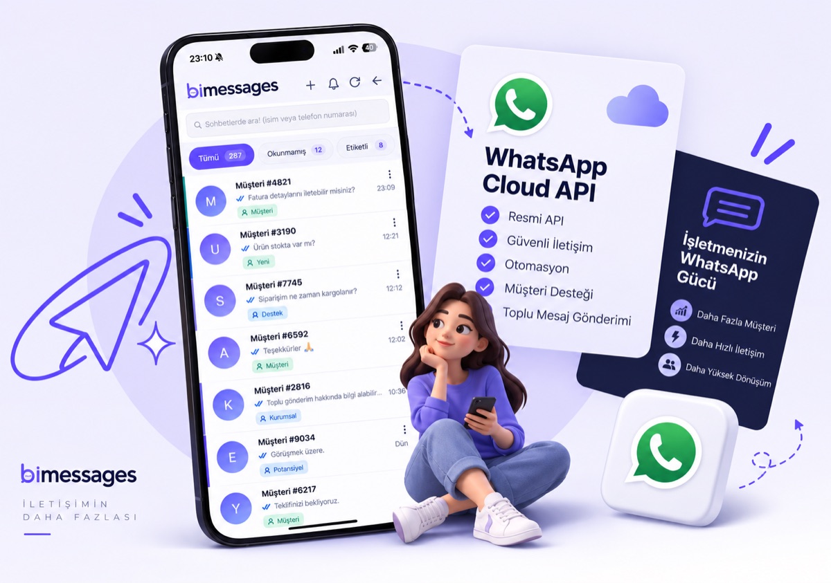 bi messages paneli: tüm müşteri sohbetleri tek gelen kutusunda; resmi WhatsApp Cloud API, otomasyon ve toplu mesaj gönderimi.